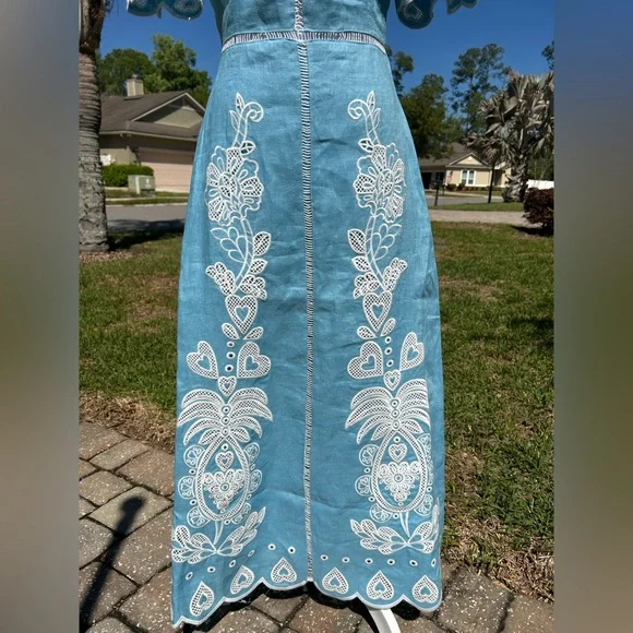 NWT🌷Farm Rio Floral Embroidery Linen Short Sleeve Open Back Midi Dress - Picture 6 of 12